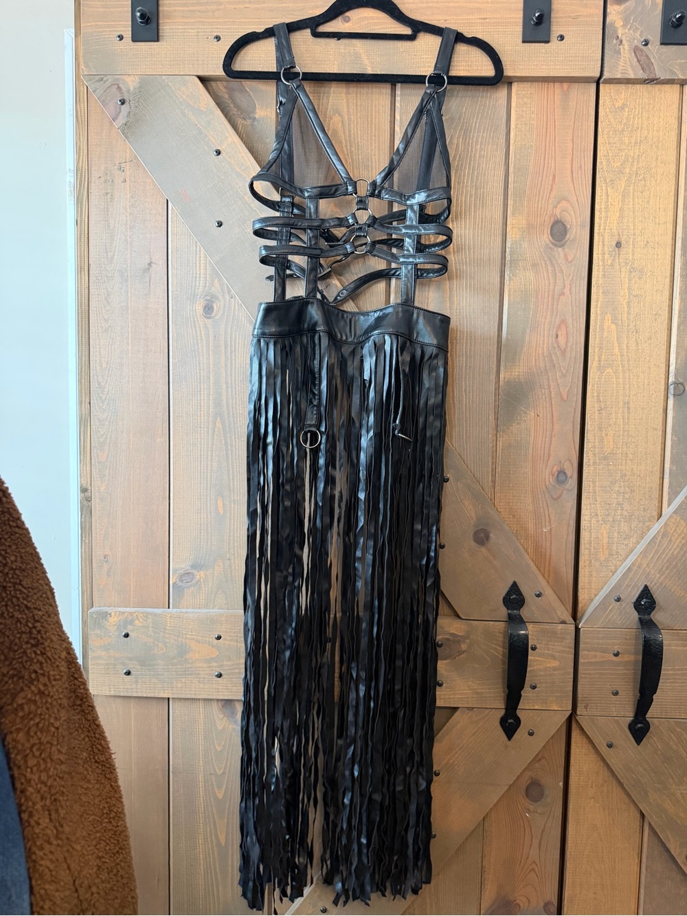 Black Faux Leather Fringe Maxi Dress with Harness Straps - Picture 3 of 13